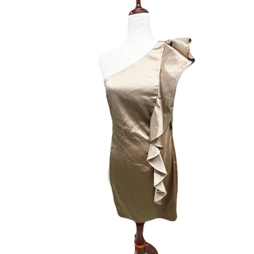 Calvin Klein Gold One Shoulder Ruffle Bodycon Mini Dress Womens Size 6 Glam Hoco